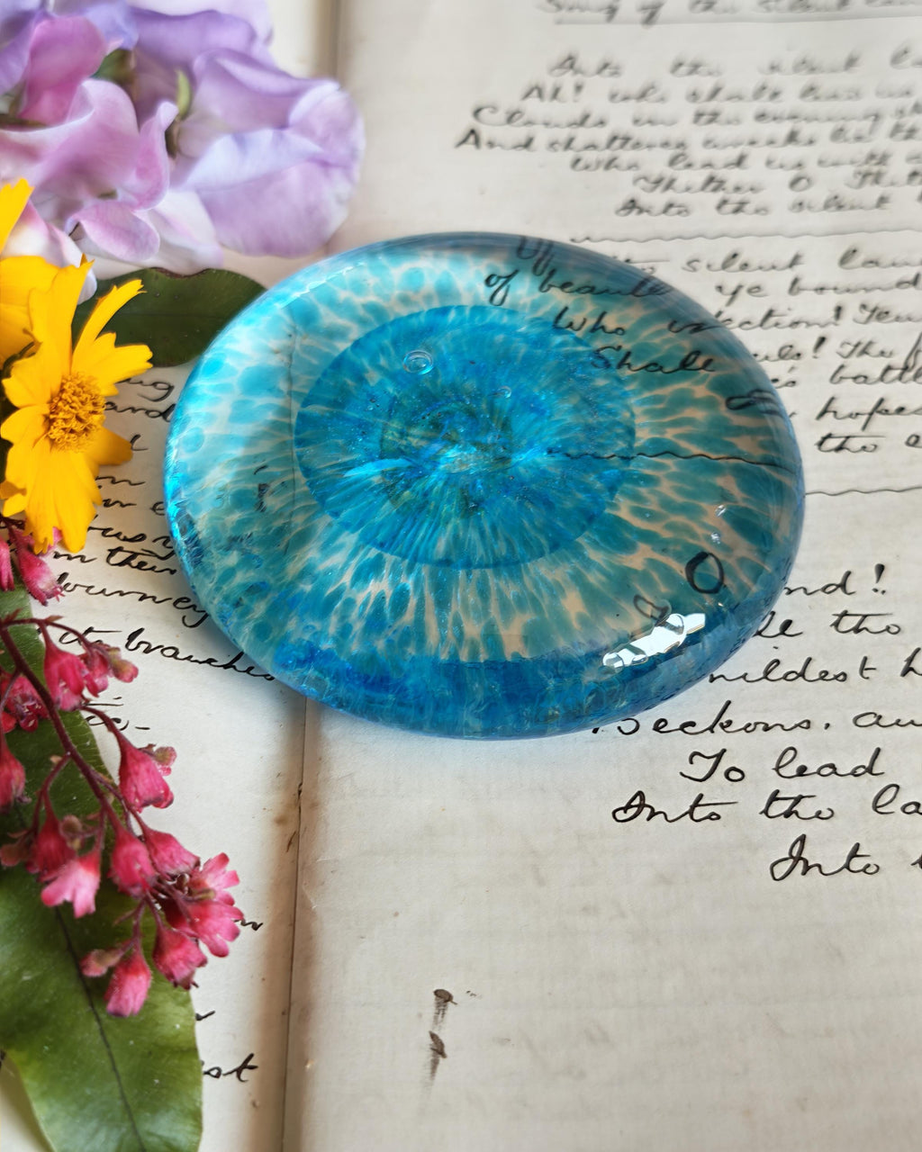 Vintage Murano Italy Blue Art Glass Paperweight – Original Foil Label – Ocean Blue Mottled Glass