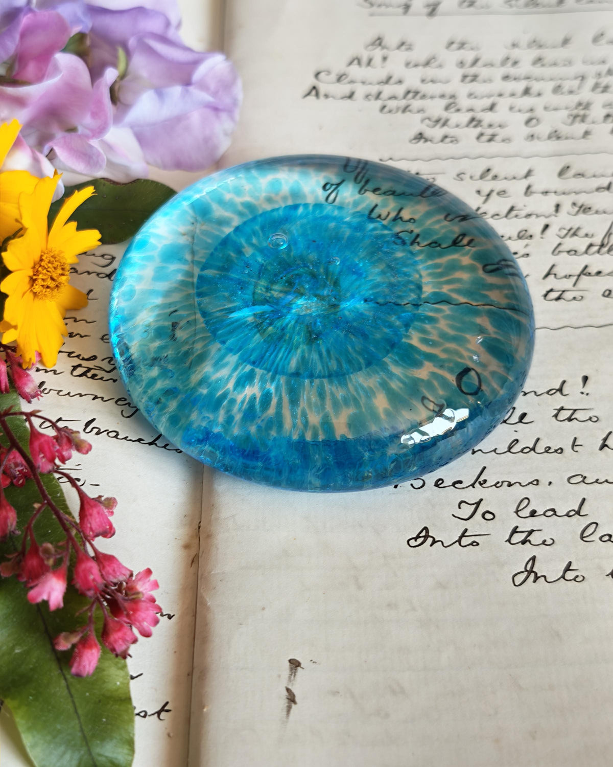 Vintage Murano Italy Blue Art Glass Paperweight – Original Foil Label – Ocean Blue Mottled Glass