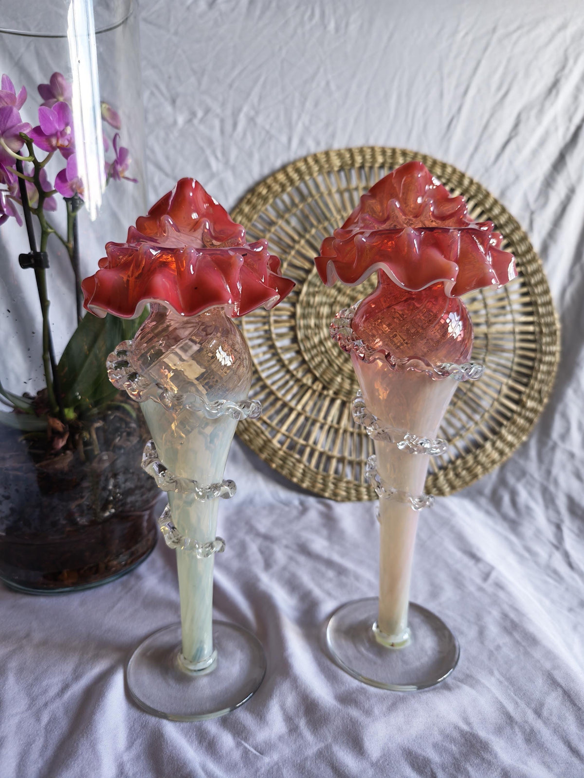Antique Pair of Uranium Glass Jack in the Pulpit Vases | Victorian Cranberry Opalescent Art Glass